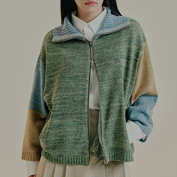 TONE VARIATION BOUCLE KNIT ZIP UP_GREEN